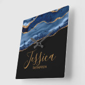 Elegant Navy Blue Gold Marble Agate Name Vierkante Klok (Hoek)