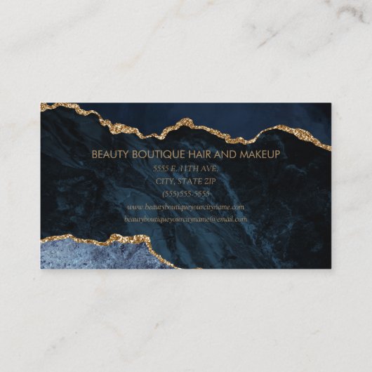 Elegant Navy Blue Gold Marble Hair Makeup Visitekaartje (Achterkant)