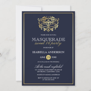 Elegant Navy Blue & Gold Masquerade Sweet 16 Party Kaart