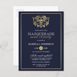 Elegant Navy Blue & Gold Masquerade Sweet 16 Party Uitnodiging Briefkaart