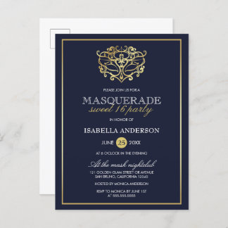 Elegant Navy Blue & Gold Masquerade Sweet 16 Party Uitnodiging Briefkaart