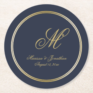 Elegant Navy Blue Gold Monogram bruiloft Ronde Kartonnen Onderzetter