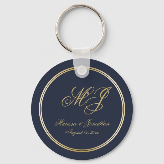 Elegant Navy Blue Gold Monogram bruiloft Sleutelhanger (Voorkant)