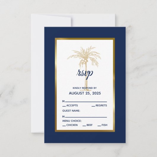 Elegant Navy Blue Gold Palm Tree Beach Weddenschap RSVP Kaartje (Voorkant)