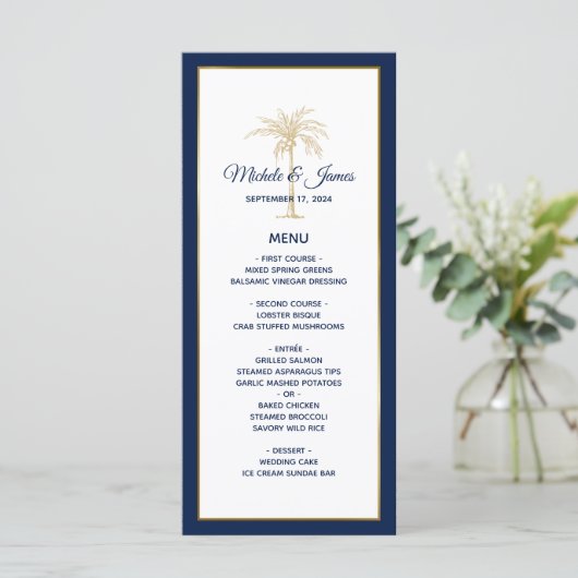 Elegant Navy Blue Gold Palm Tree Modern Weddenscha Menu (Staand voorkant)