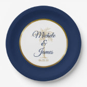 Elegant Navy Blue Gold Palm Tree Modern Weddenscha Papieren Bordje (Voorkant)