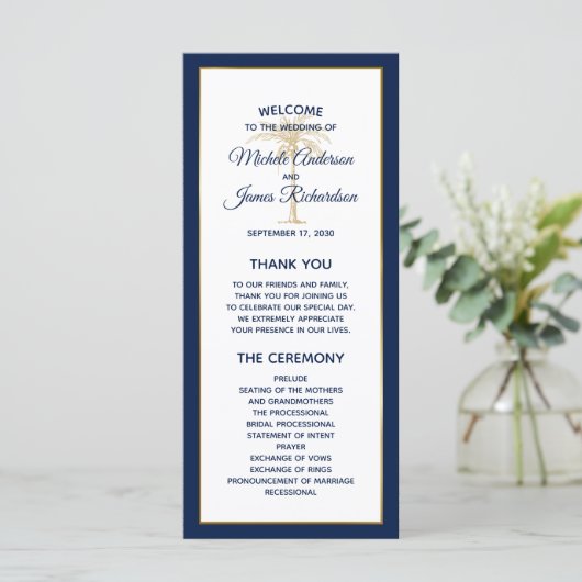 Elegant Navy Blue Gold Palm Tree Modern Weddenscha Programma (Staand voorkant)