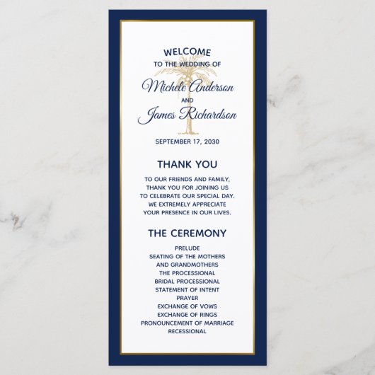 Elegant Navy Blue Gold Palm Tree Modern Weddenscha Programma (Voorkant)