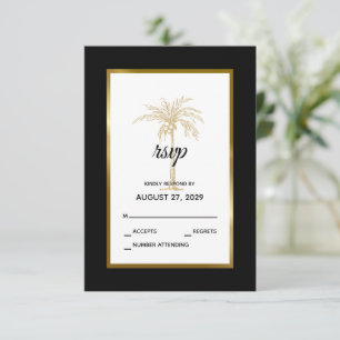 Elegant Navy Blue Gold Palm Tree Modern Weddenscha RSVP Kaartje