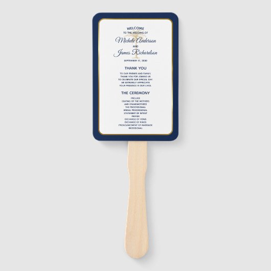 Elegant Navy Blue Gold Palm Tree Wedding Programme Handwaaier (Voorkant)