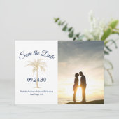 Elegant Navy Blue Gold Palm Tree Weduwfoto Save The Date (Staand voorkant)