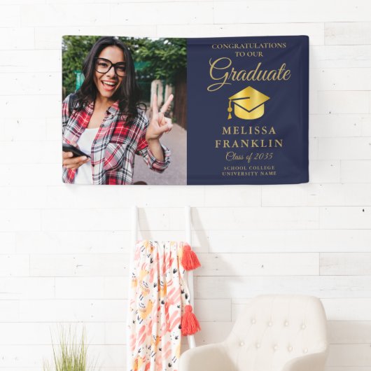 Elegant Navy Blue Gold Photo Afstuderen Banner (Insitu)