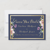 Elegant navy blue gold pink floral Save The Date (Devant)