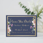 Elegant navy blue gold pink floral Save The Date (Debout devant)