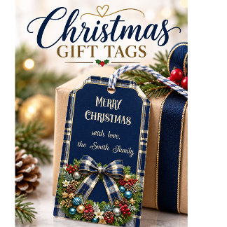 Elegant Navy Blue Gold Plaid Christmas Wreath Cadeaulabel