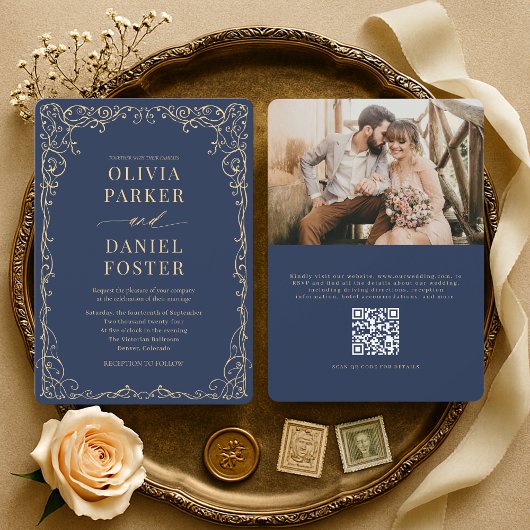 Elegant Navy Blue Gold QR Code Photo Wedding Kaart