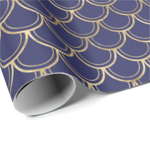 Elegant Navy Blue Gold Scallop Pattern Cadeaupapier