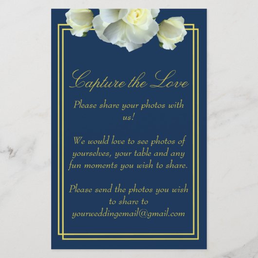 Elegant Navy Blue Gold Script Menu Photo Info Card (Dos)