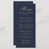 Elegant Navy Blue Gold Script Weddenschap Menu (Voorkant / Achterkant)