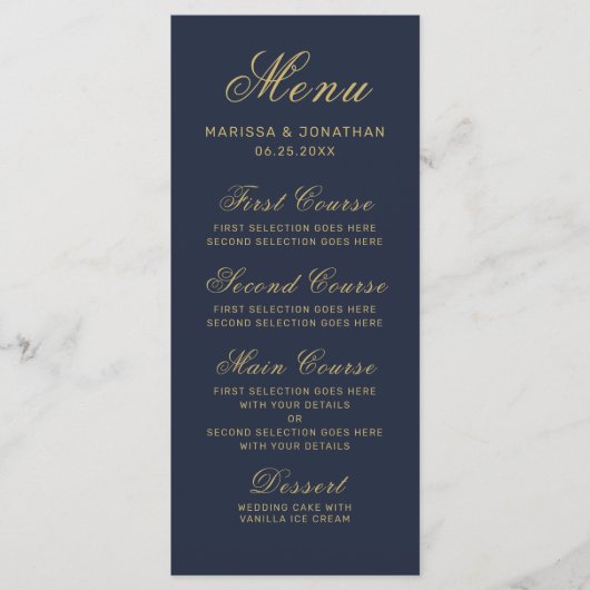 Elegant Navy Blue Gold Script Weddenschap Menu (Voorkant)