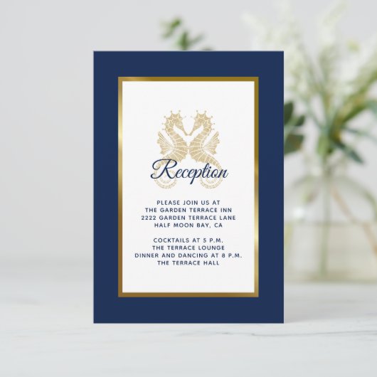 Elegant Navy Blue Gold Seapaarden Weddenschap Rece Informatiekaartje (Staand voorkant)
