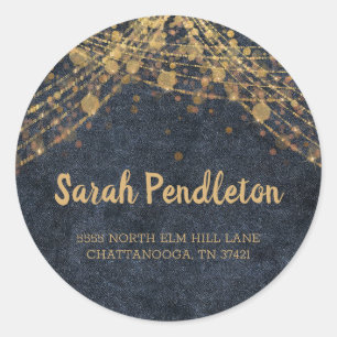 Elegant Navy Blue Gold String Lights Bokeh Adres Ronde Sticker