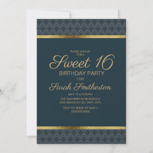 Elegant Navy Blue Gold Sweet 16 Birthday Party Kaart