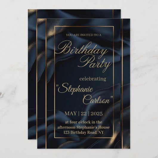 Elegant Navy Blue & Gold Wedding Invitation (Devant / Derrière)