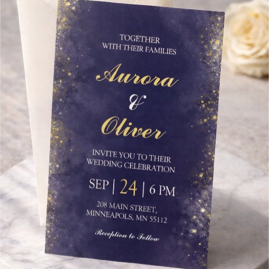 Elegant Navy Blue & Gold Wedding Invitation