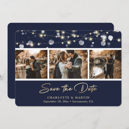 Elegant Navy Blue Gold Wedding Photo Save the Date (Voorkant / Achterkant)