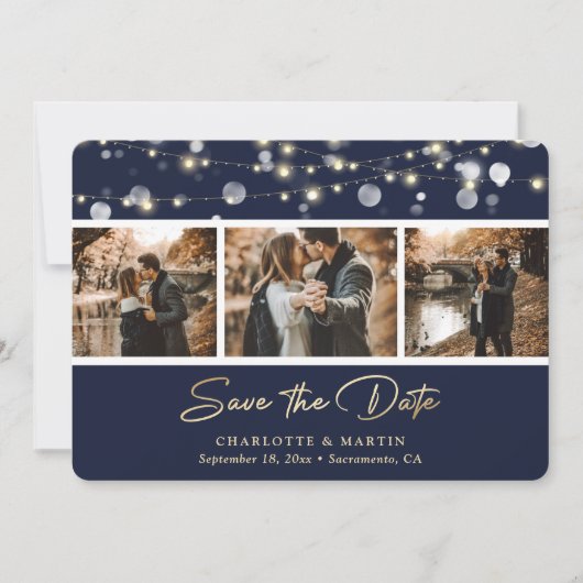 Elegant Navy Blue Gold Wedding Photo Save the Date (Voorkant)