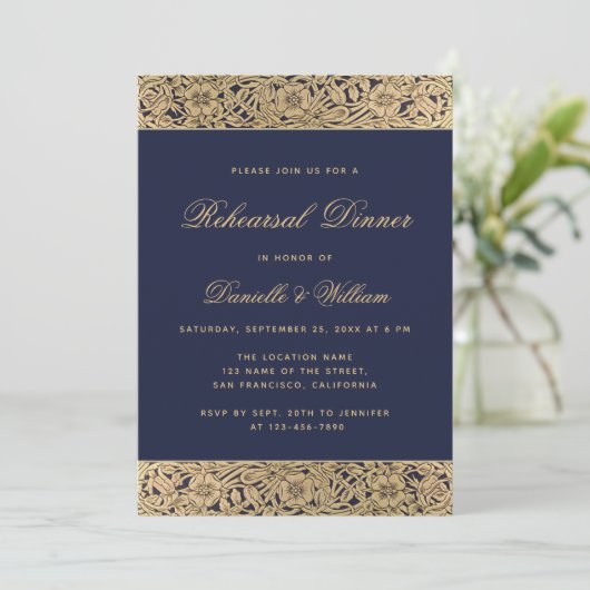 Elegant Navy Blue Gold Wild Rozen repetitie diner Kaart (Staand voorkant)