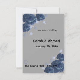 Elegant Navy Blue & Gold Winter Floral Wedding Inv RSVP Kaartje