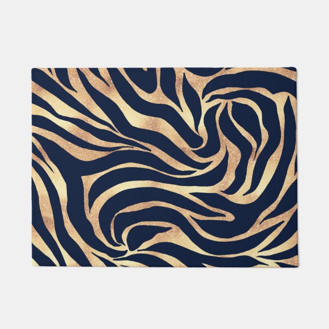 Elegant Navy Blue Gold Zebra Print Deurmat (Voorkant)