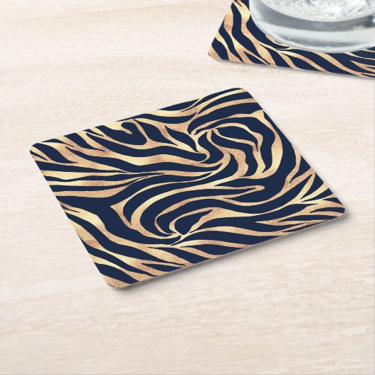 Elegant Navy Blue Gold Zebra Print Vierkante Kartonnen Onderzetter (Schuin)
