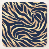 Elegant Navy Blue Gold Zebra Print Vierkante Kartonnen Onderzetter (Voorkant)