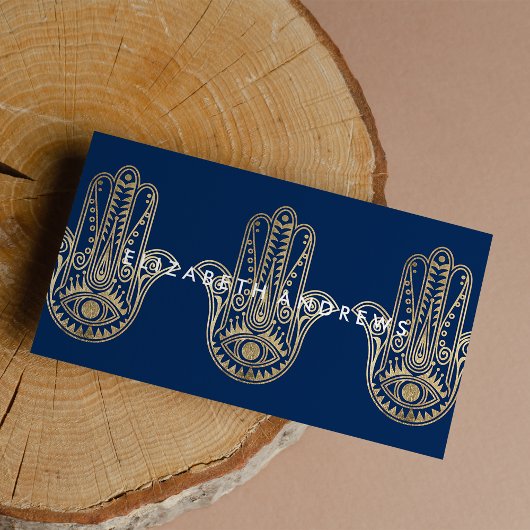 Elegant navy blue-goudhenna hamsa hand van Fatima Visitekaartje