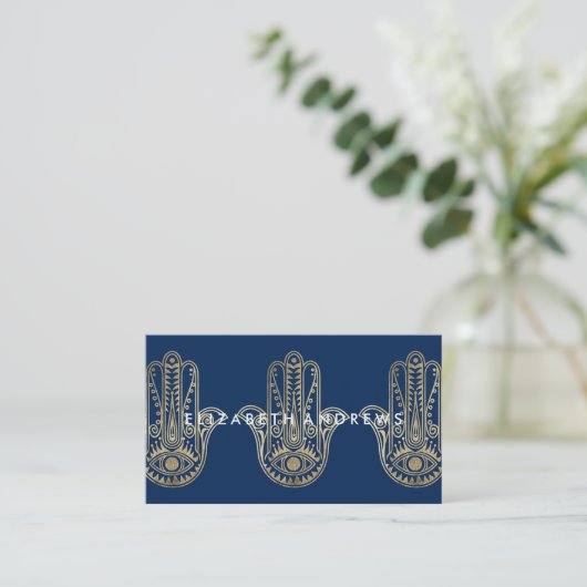 Elegant navy blue-goudhenna hamsa hand van Fatima Visitekaartje (Staand voorkant)