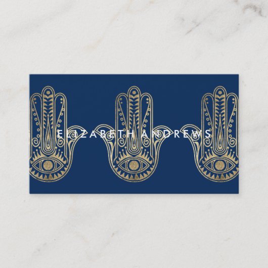Elegant navy blue-goudhenna hamsa hand van Fatima Visitekaartje (Voorkant)
