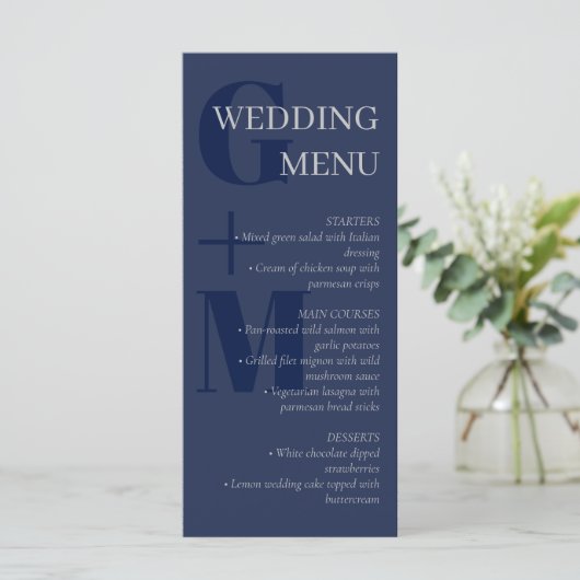 Elegant Navy Blue Gray Typography Wedding Menu (Staand voorkant)