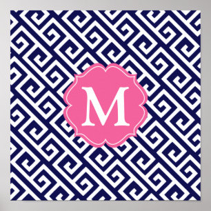 Elegant Navy Blue Greek Key - persoonlijke sleutel Poster