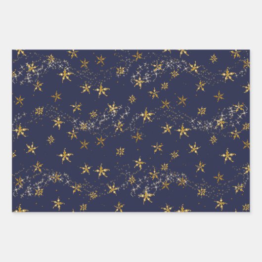 Elegant Navy Blue in Gold Snowflake kerststerren Inpakpapier Vel (Voorkant)
