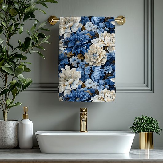 Elegant Navy Blue Ivory Gold Floral Bath Towel