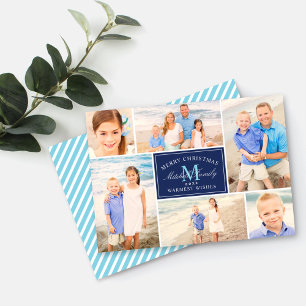 Elegant Navy Blue Kerstmonogram Foto Collage Feestdagenkaart