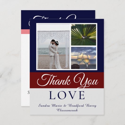 Elegant Navy Blue Maroon Wedding Photo collage Bedankkaart (Voorkant / Achterkant)