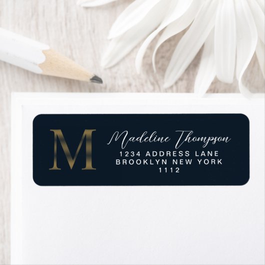 Elegant Navy Blue Metallic Gold Monogram Address Etiket (Insitu)