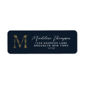 Elegant Navy Blue Metallic Gold Monogram Address Etiket (Voorkant)