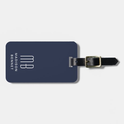 Elegant Navy Blue Monogram Bagagelabel (Voorkant horizontaal)