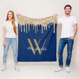 Elegant Navy Blue Monogram Driving Glitter Name Fleece Deken