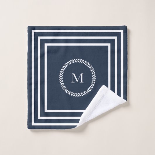 Elegant Navy Blue Monogram met wit Lijst Bad Handdoek (Wasdoekje)